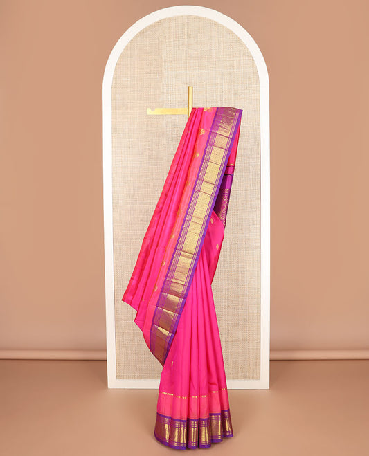 Pink buttas kancheepuram silk saree with contrast border of thilakam mokku, banaras, checked design & floral design pallu