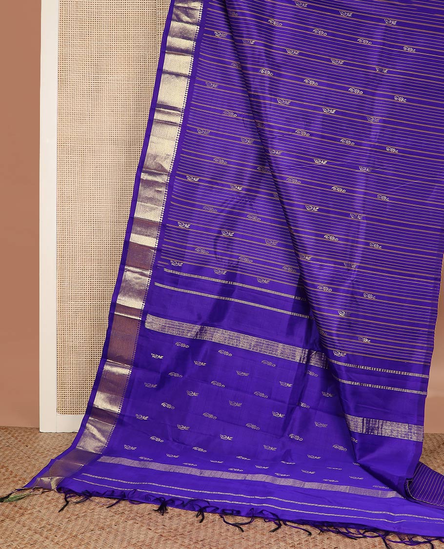 Blue stripes & buttas Kanchipuram silk saree, one-sided border of panner sombu,banaras & mayil kann & zari design pallu