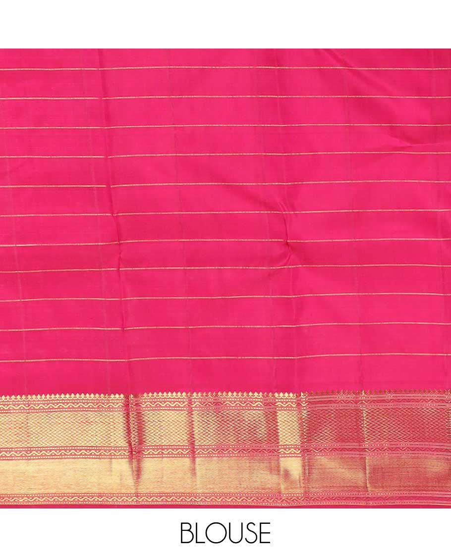 Multi-color palum pazhamum checked Kanchipuram silk saree, zari border of thilakam mokku, muthu, neli, and vanki designs, and zari-rich pallu