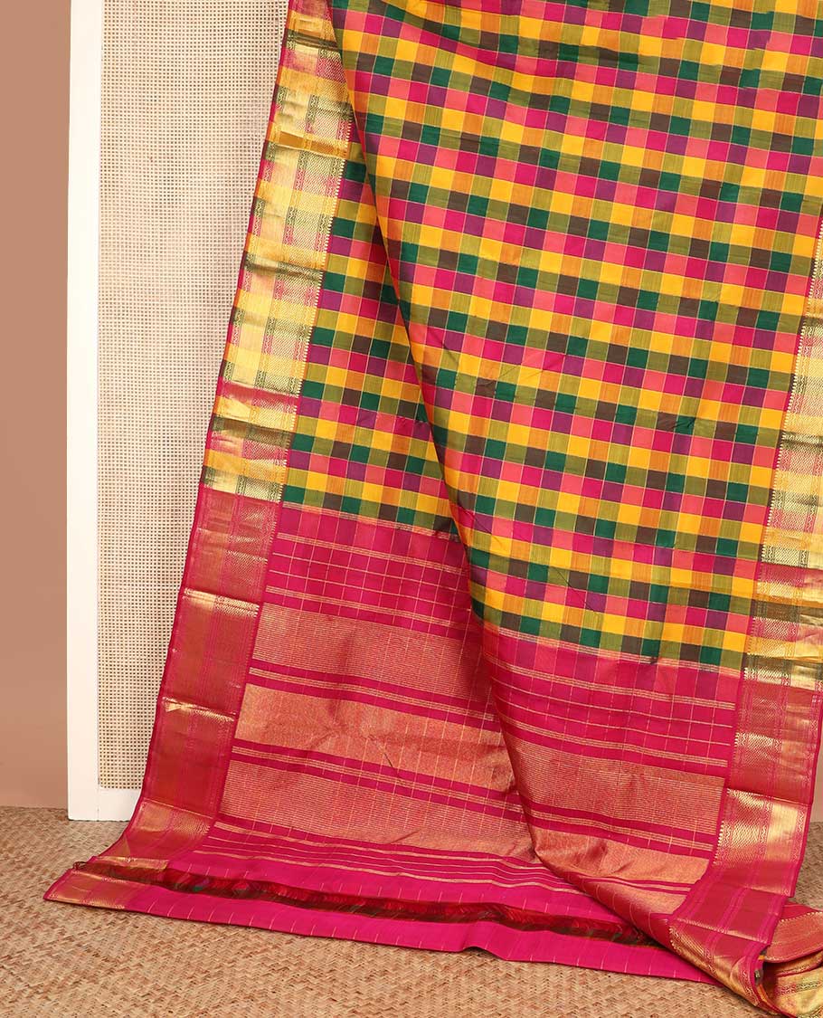Multi-color palum pazhamum checked Kanchipuram silk saree, zari border of thilakam mokku, muthu, neli, and vanki designs, and zari-rich pallu
