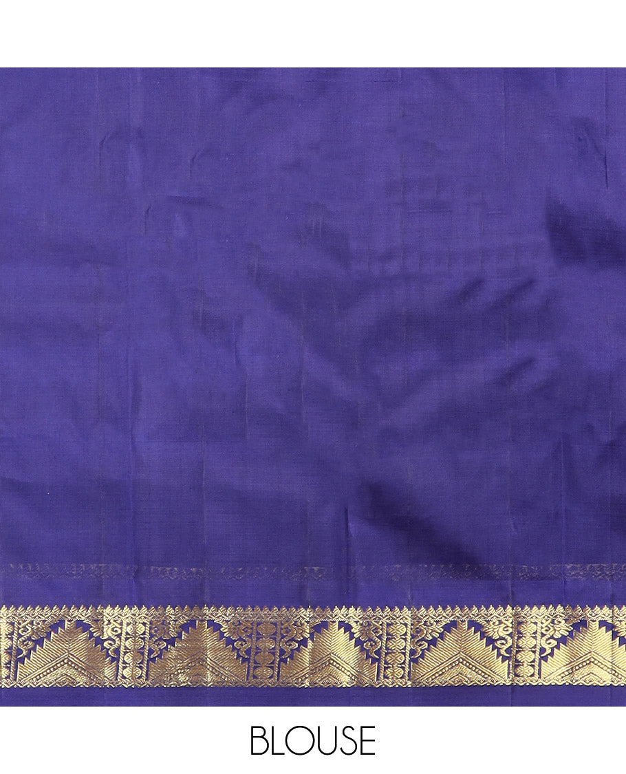Pink zari buttas Kanchipuram silk saree, contrast border of thilakam mokku, poun, thazampoo rekku, and neli designs, and zari design pallu
