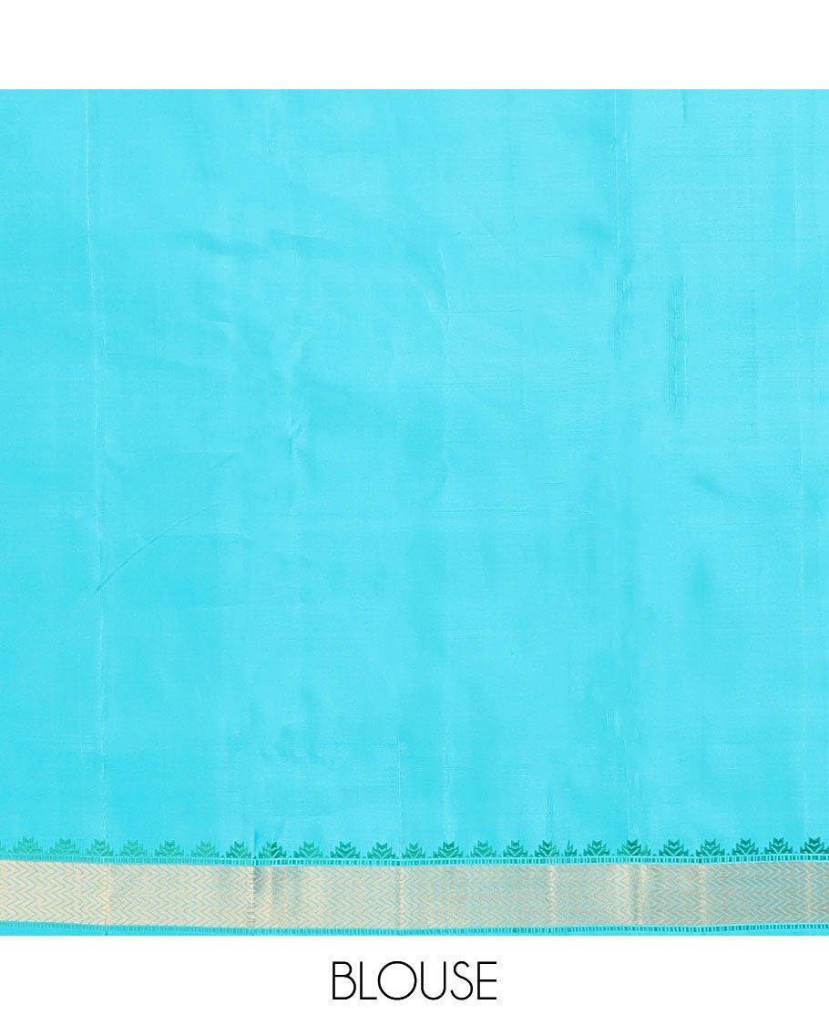 Blue buttas Kanchipuram silk saree, self-border of thazampoo rekku, and vanki designs, and pallu of thilakam mokku, manga mokku, and jaal designs