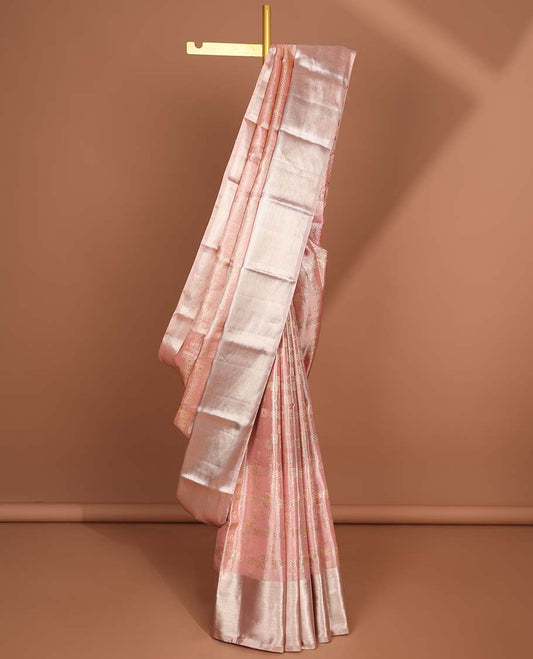 Baby pink geometric design kancheepuram tissue silk saree with self border of banaras design & checked, floral zari design pallu