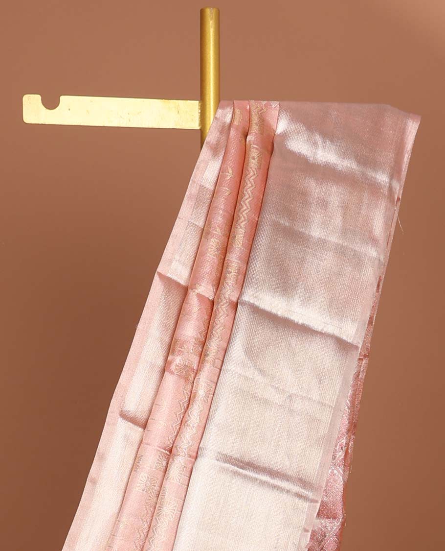 Baby pink geometric design kancheepuram tissue silk saree with self border of banaras design & checked, floral zari design pallu