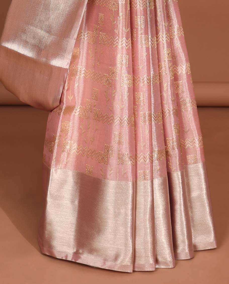 Baby pink geometric design kancheepuram tissue silk saree with self border of banaras design & checked, floral zari design pallu