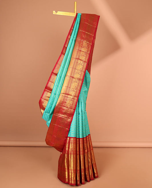 Light Blue striped floral design kanchipuram silk saree with contrast korvai border of manga, banaras, muthu, paun, yaanai design & zari design pallu
