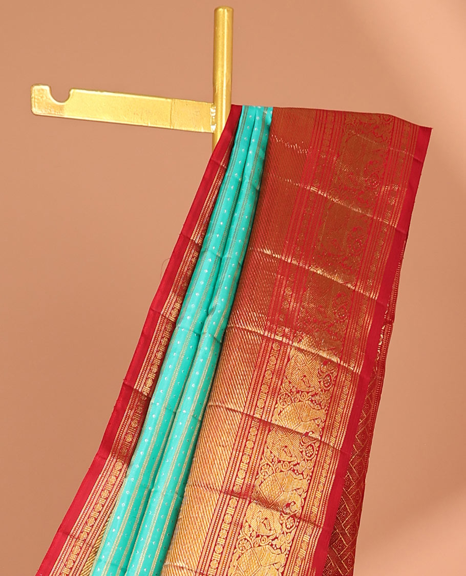 Light Blue striped floral design kanchipuram silk saree with contrast korvai border of manga, banaras, muthu, paun, yaanai design & zari design pallu