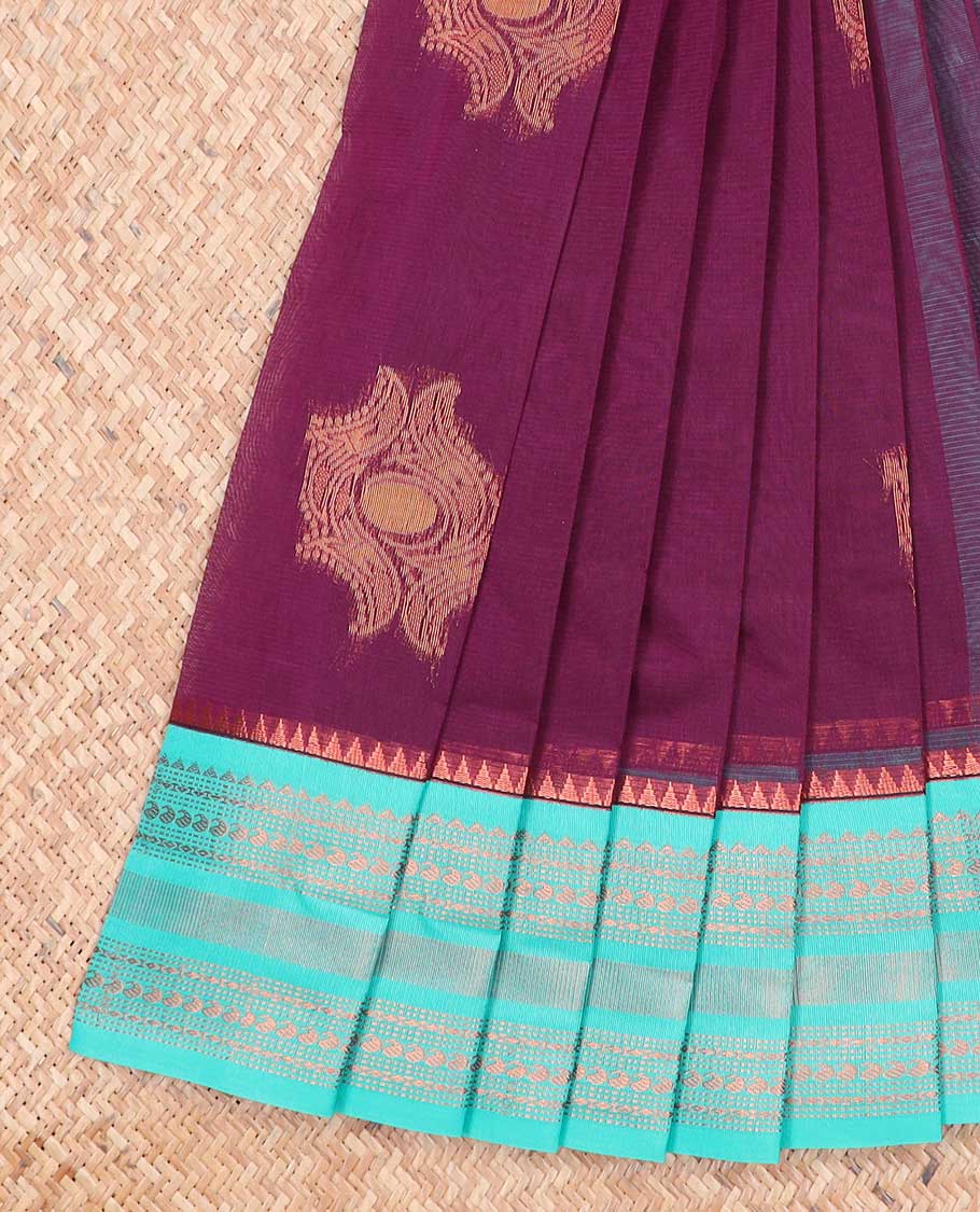 Maroon motifs kora cotton saree with contrast zari design border & intricate zari design pallu