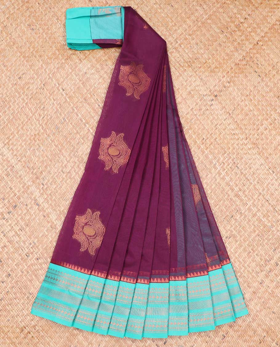 Maroon motifs kora cotton saree with contrast zari design border & intricate zari design pallu