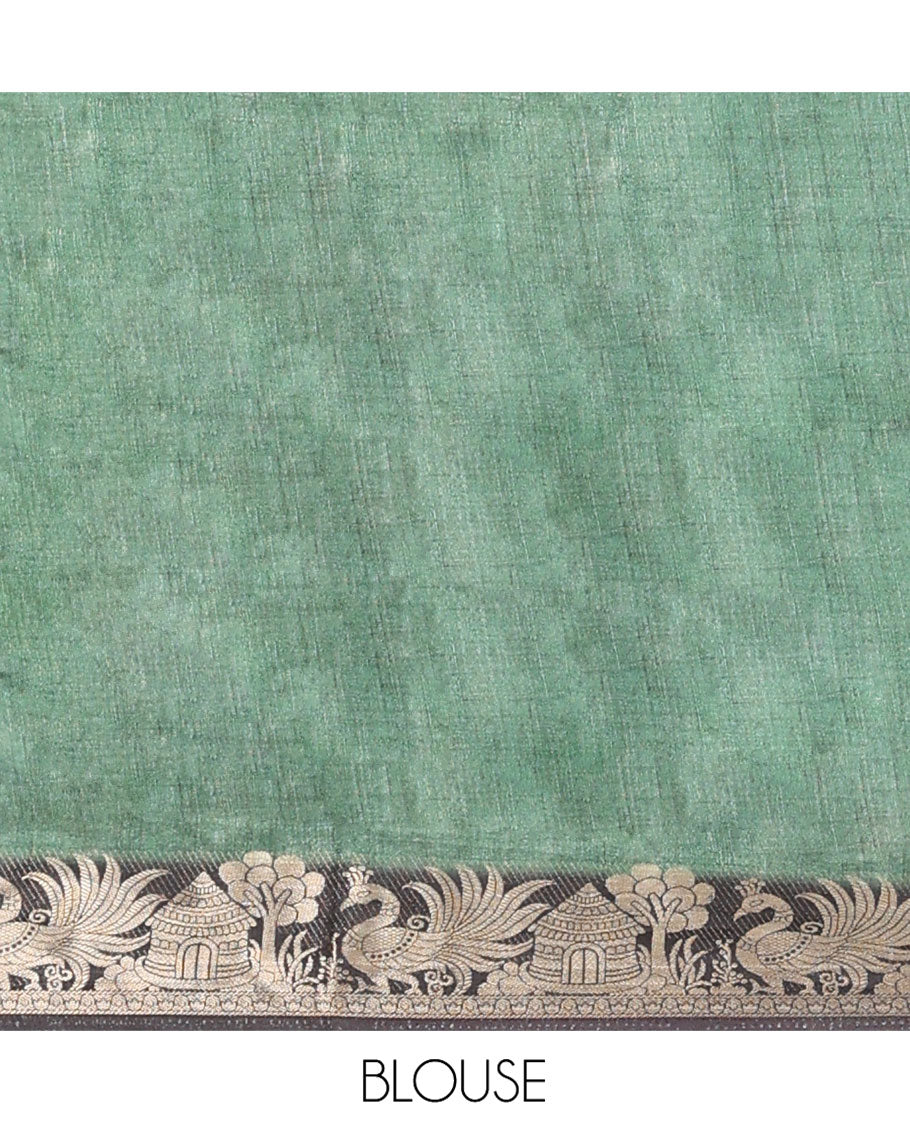 Green and Black Semi-Tussar Saree Adorned with Kalamkari-Style Floral Vine Print, Complemented by a Contrast Zari Border, Pallu of Floral Print, and Paired with a Contrast Blouse