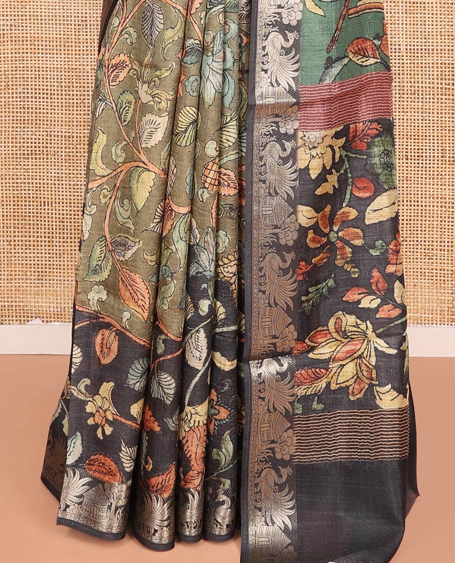 Green and Black Semi-Tussar Saree Adorned with Kalamkari-Style Floral Vine Print, Complemented by a Contrast Zari Border, Pallu of Floral Print, and Paired with a Contrast Blouse