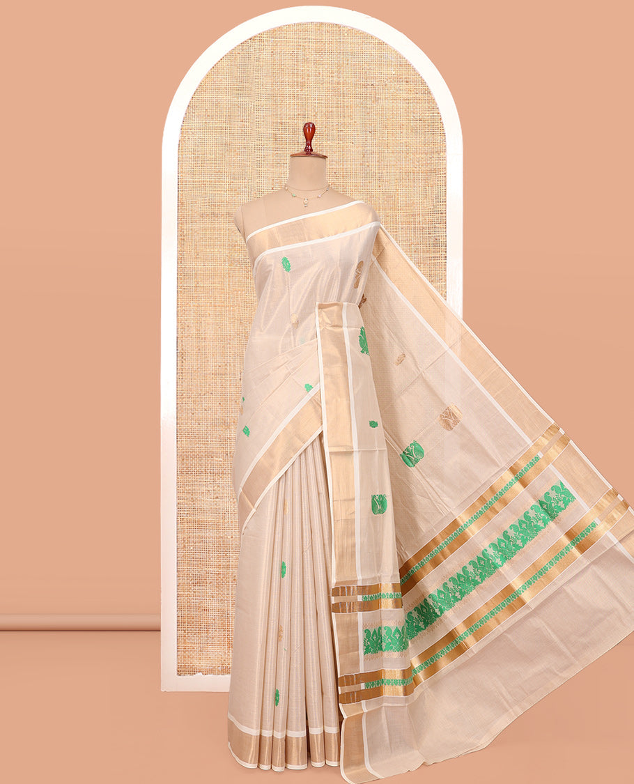 Cream Kerala Cotton Saree, Adorned with Thread and Zari Buttas All Over Its Body, a Zari Bavanji Border, an Intricate Pallu, and Paired with a Matching Blouse