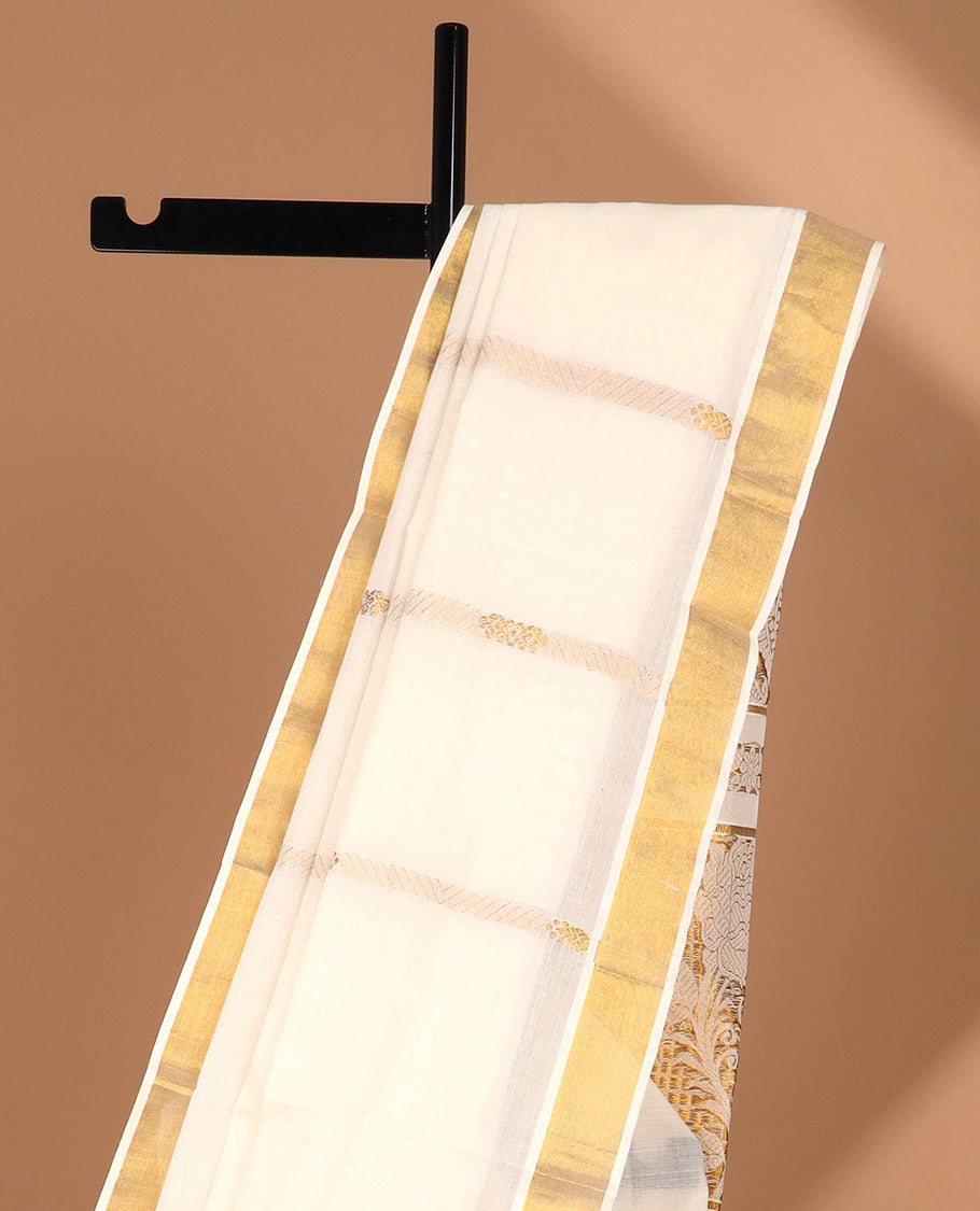 Cream kerala saree with zari stripes, zari border & pallu of floral designs
