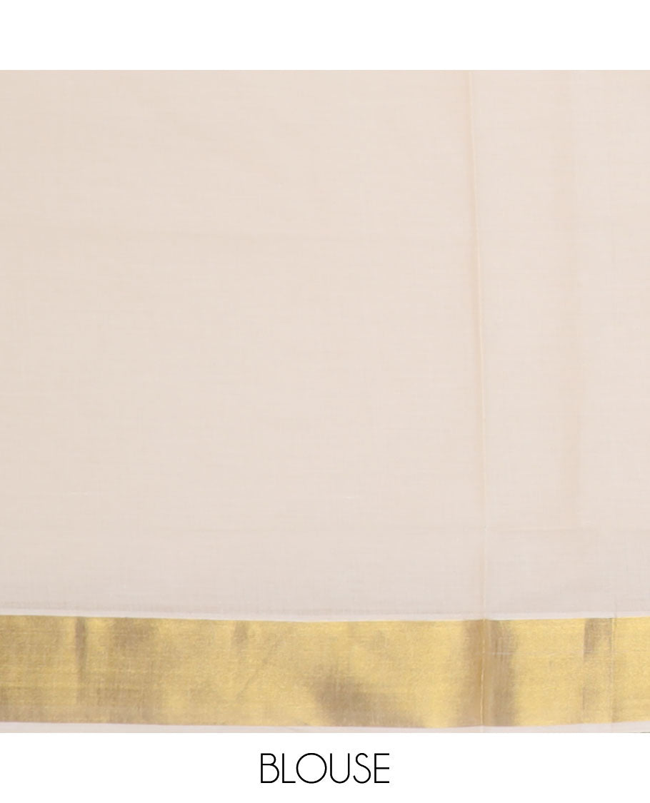 Cream Temple zari design Kerala saree, zari border, and temple design pallu