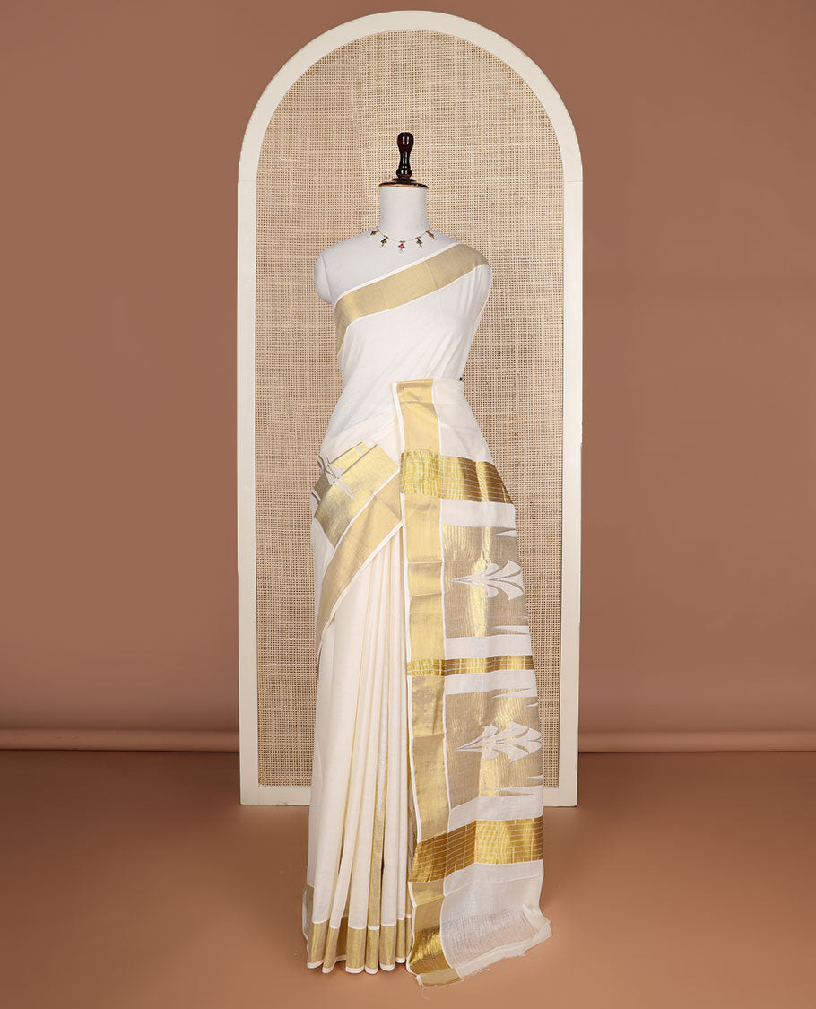 Cream Temple zari design Kerala saree, zari border, and temple design pallu