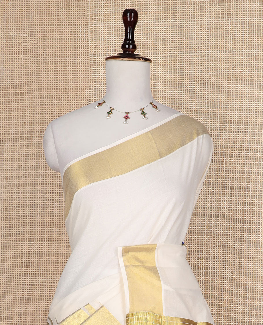 Cream Temple zari design Kerala saree, zari border, and temple design pallu
