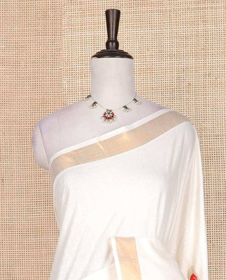 Cream feather motifs, Kerala cotton saree, bavanji border, and pallu of feather motifs