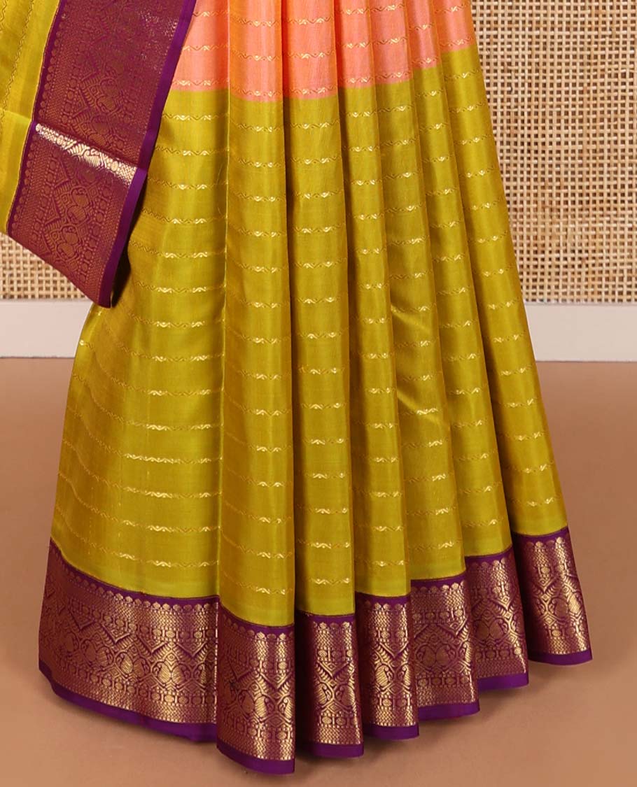 Multi-color striped kancheepuram silk saree with contrast korvai border of thilakam mokku, kathir, paun, manga designs & zari design pallu