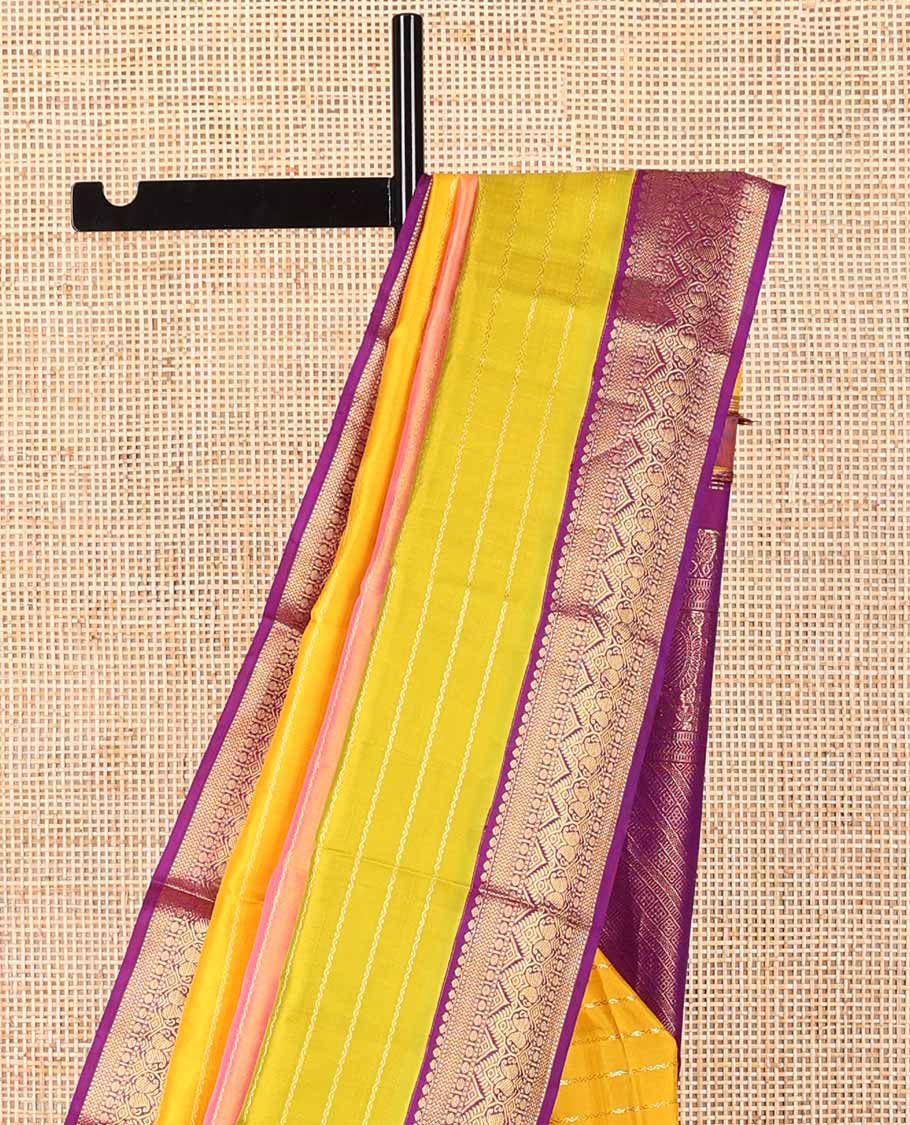 Multi-color striped kancheepuram silk saree with contrast korvai border of thilakam mokku, kathir, paun, manga designs & zari design pallu