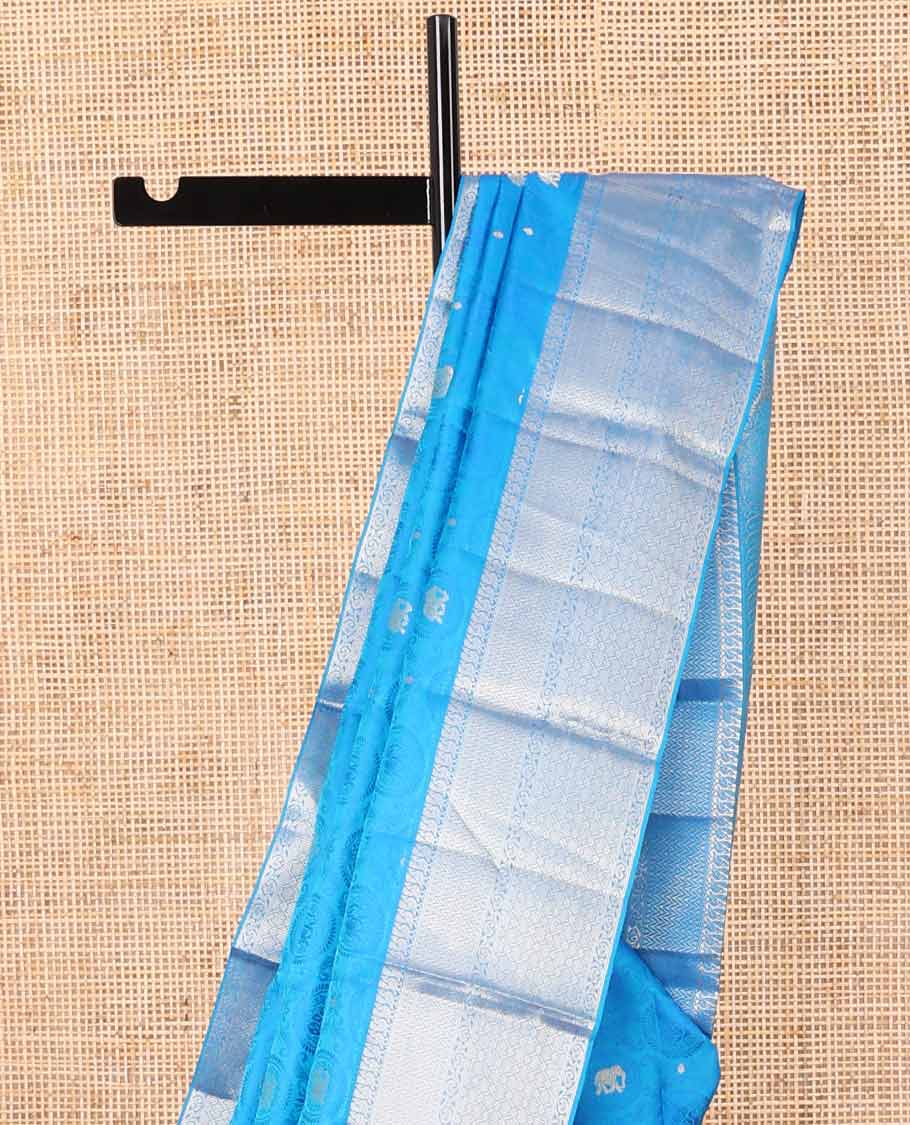 Light blue elephant, floral design kancheepuram silk saree with self intricate zari design border & floral design pallu
