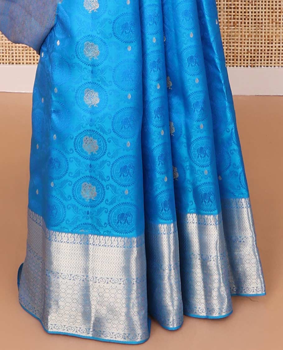 Light blue elephant, floral design kancheepuram silk saree with self intricate zari design border & floral design pallu
