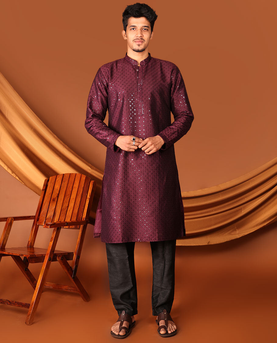 Maroon Sequins and Thread Embroidered Full-Sleeved Men's Kurta Set