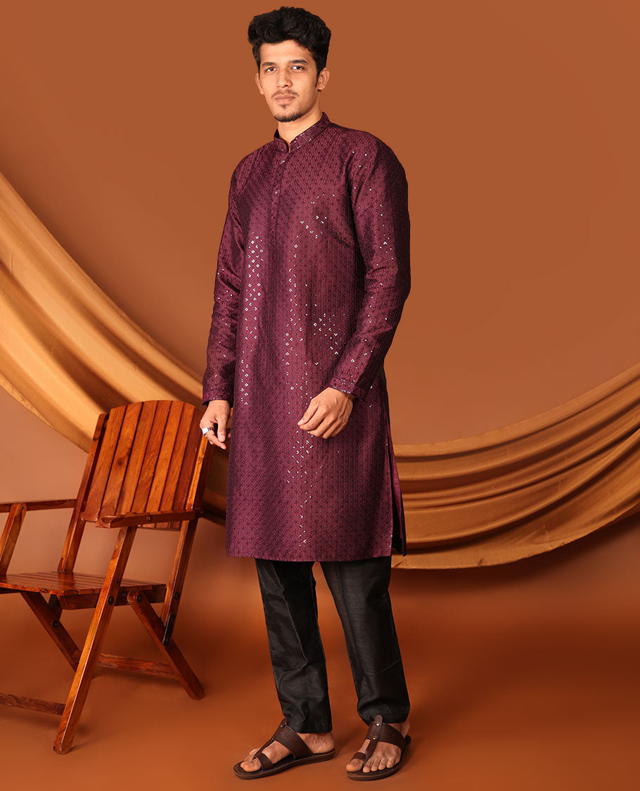 Maroon Sequins and Thread Embroidered Full-Sleeved Men's Kurta Set
