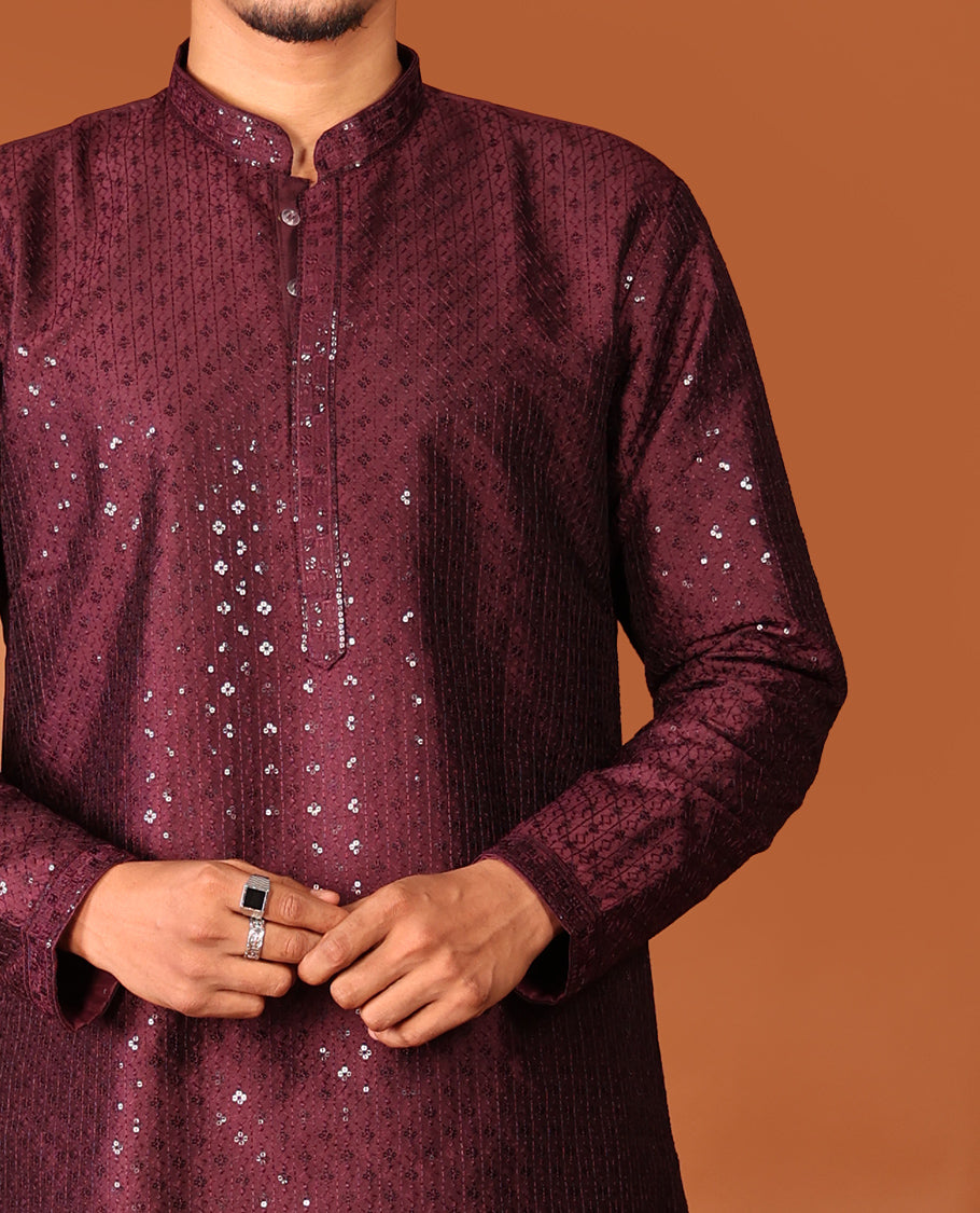 Maroon Sequins and Thread Embroidered Full-Sleeved Men's Kurta Set