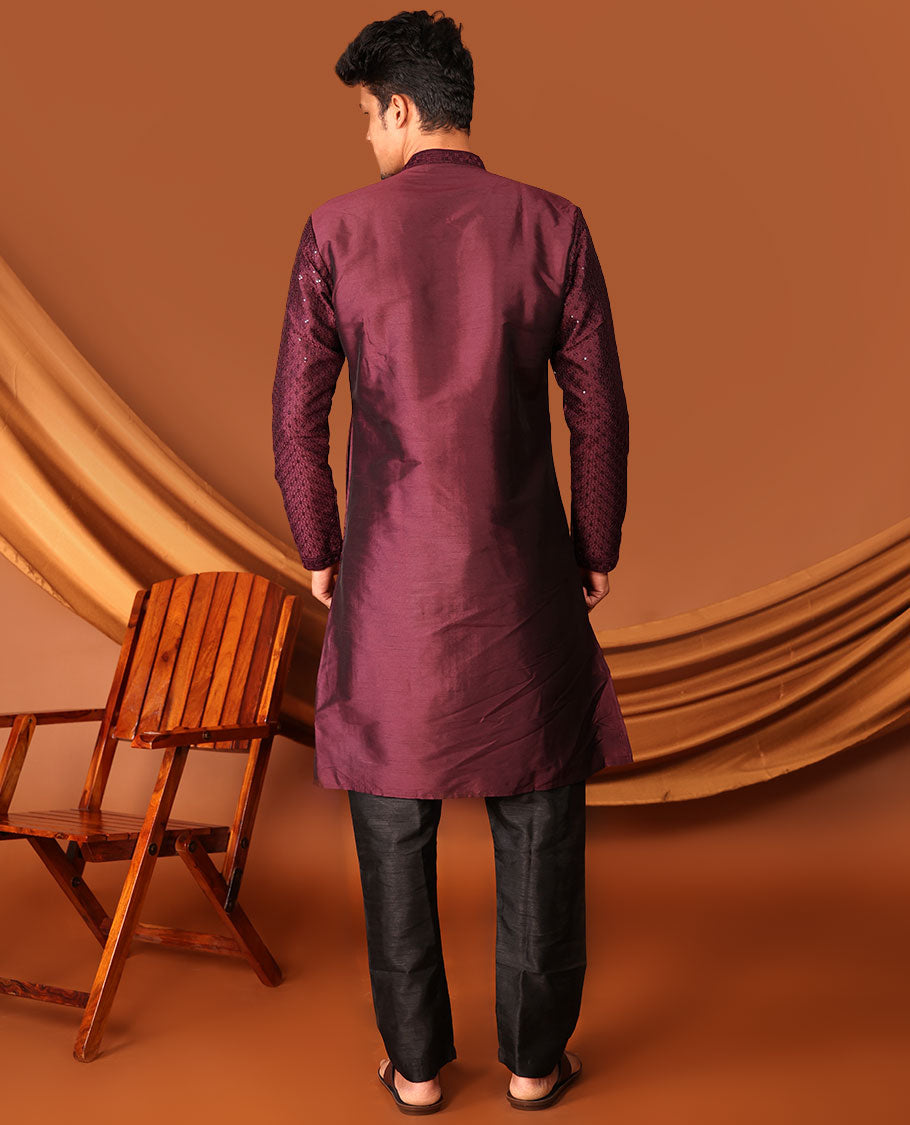 Maroon Sequins and Thread Embroidered Full-Sleeved Men's Kurta Set