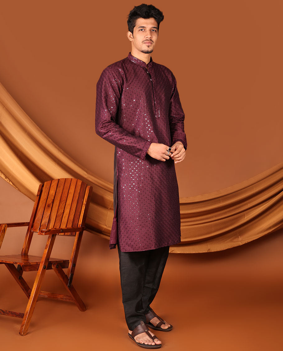 Maroon Sequins and Thread Embroidered Full-Sleeved Men's Kurta Set