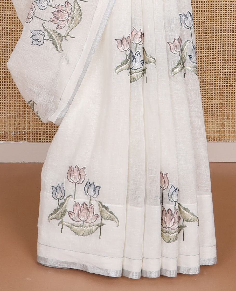 Borderless white lotus flower design, cross stitch embroidery linen saree