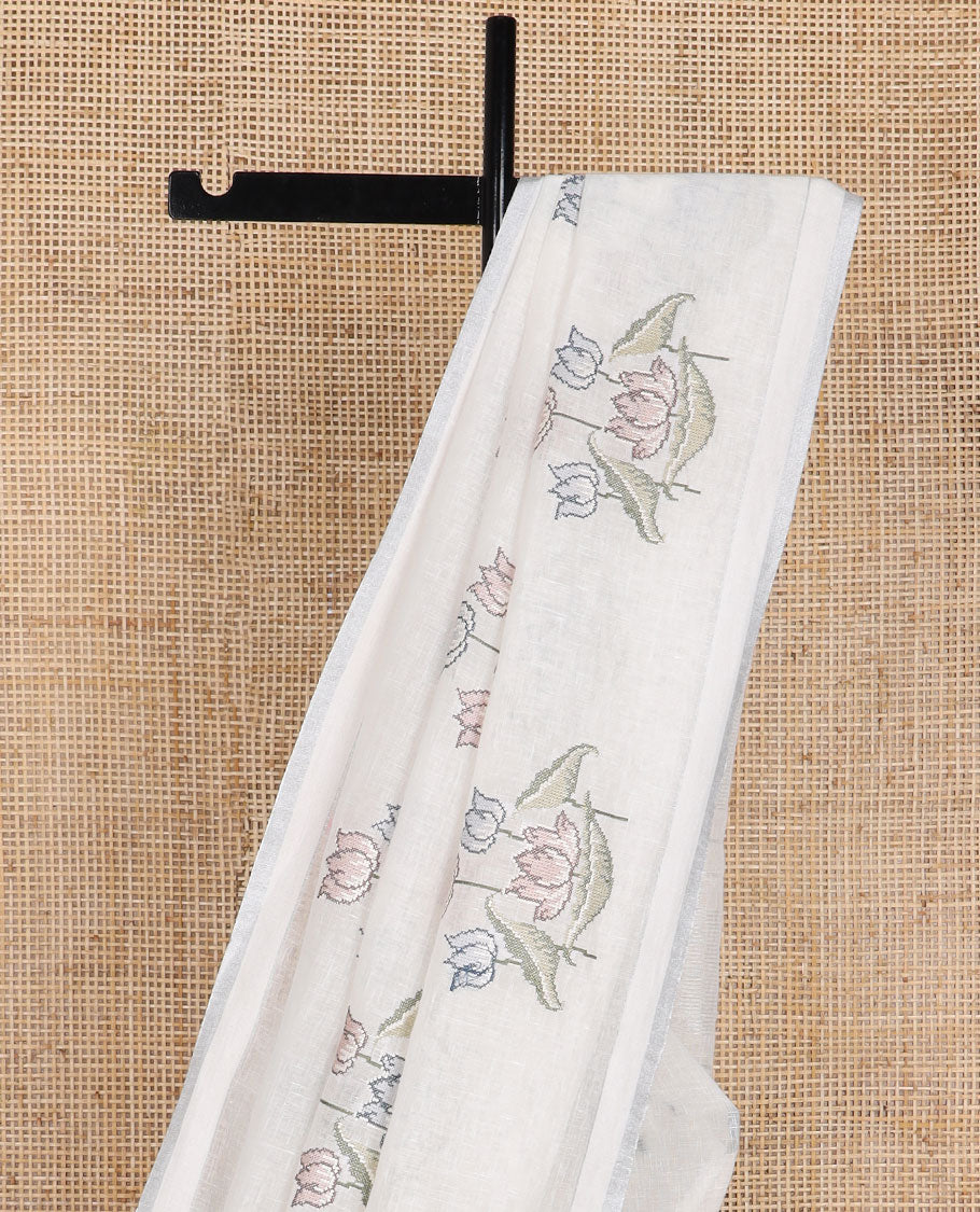 Borderless white lotus flower design, cross stitch embroidery linen saree