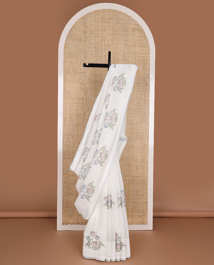 Borderless white lotus flower design, cross stitch embroidery linen saree