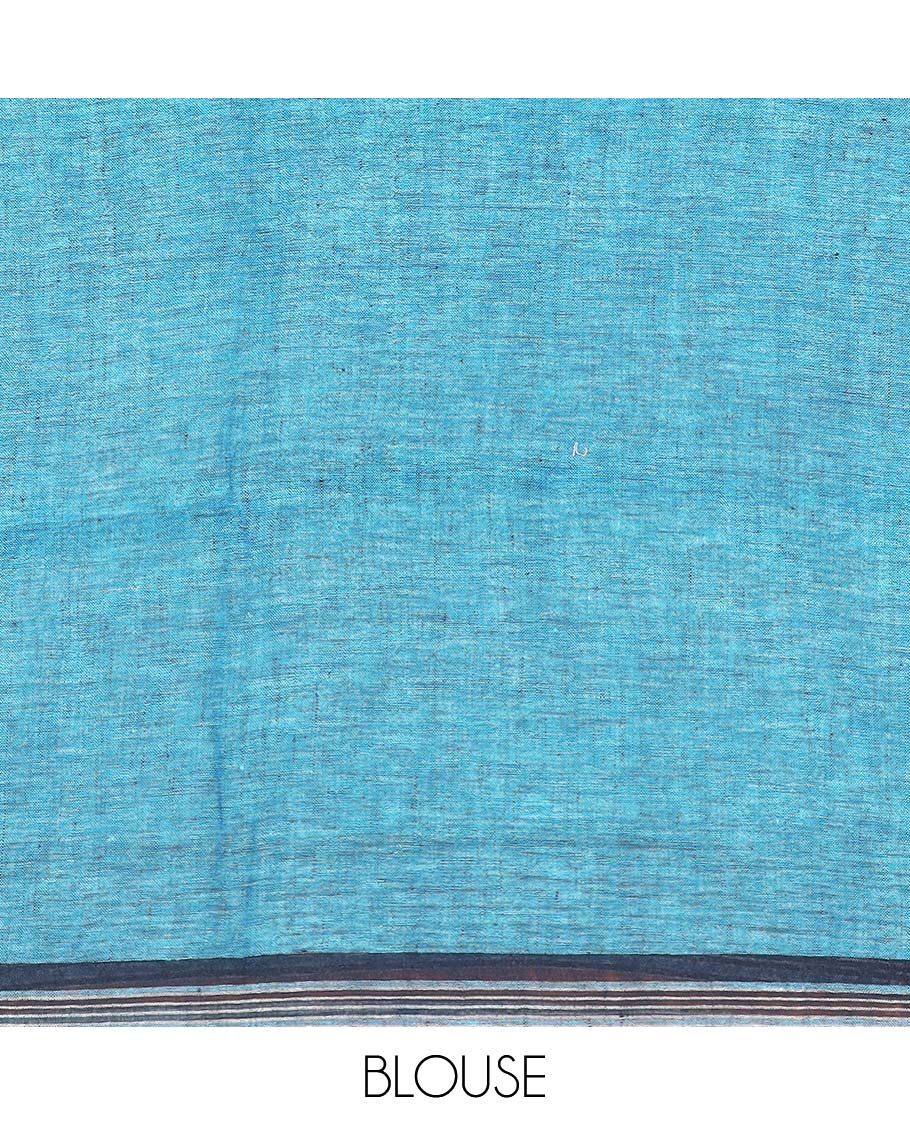 Blue plain linen cotton saree, self-striped border, and striped pallu