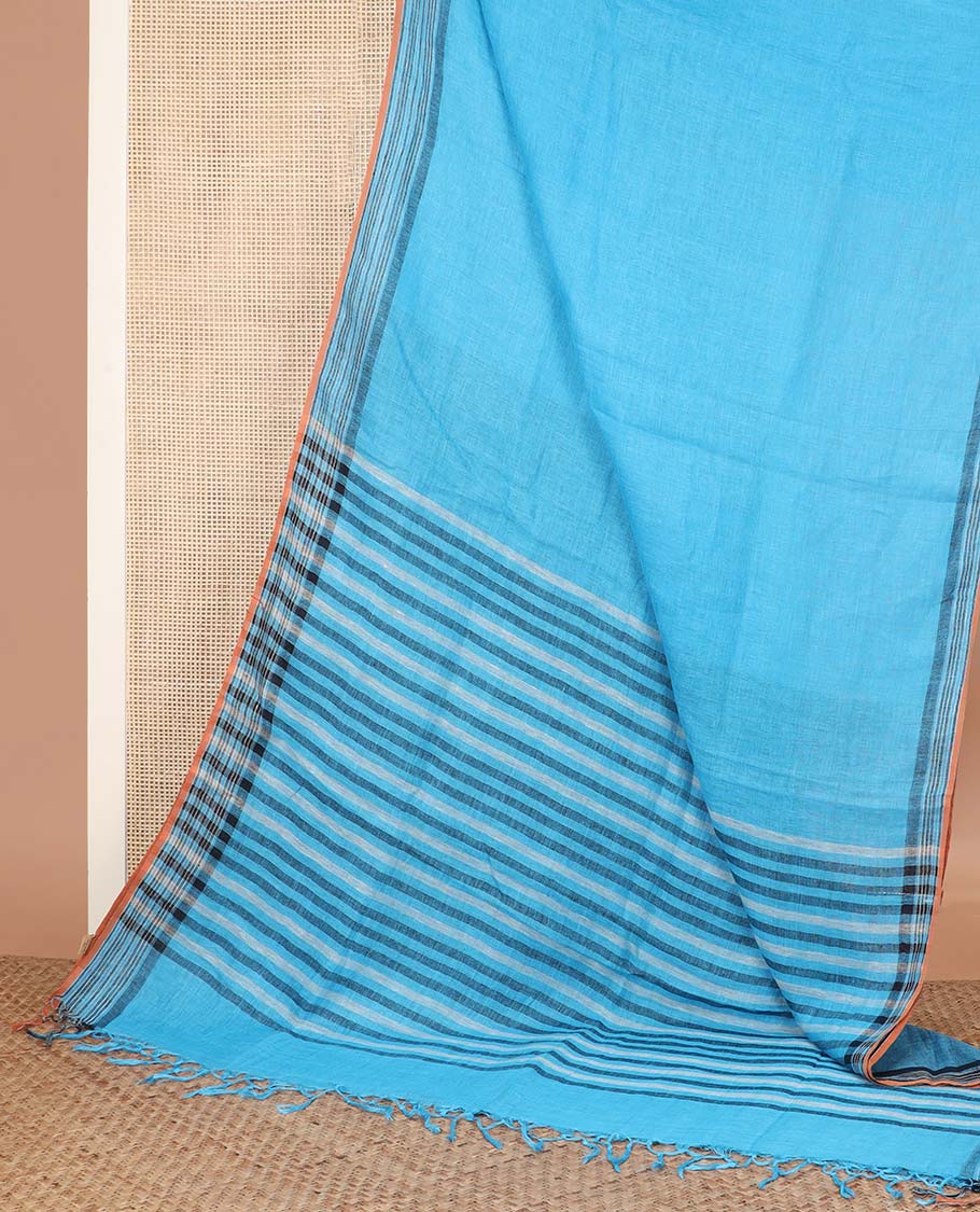 Blue plain linen cotton saree, self-striped border, and striped pallu