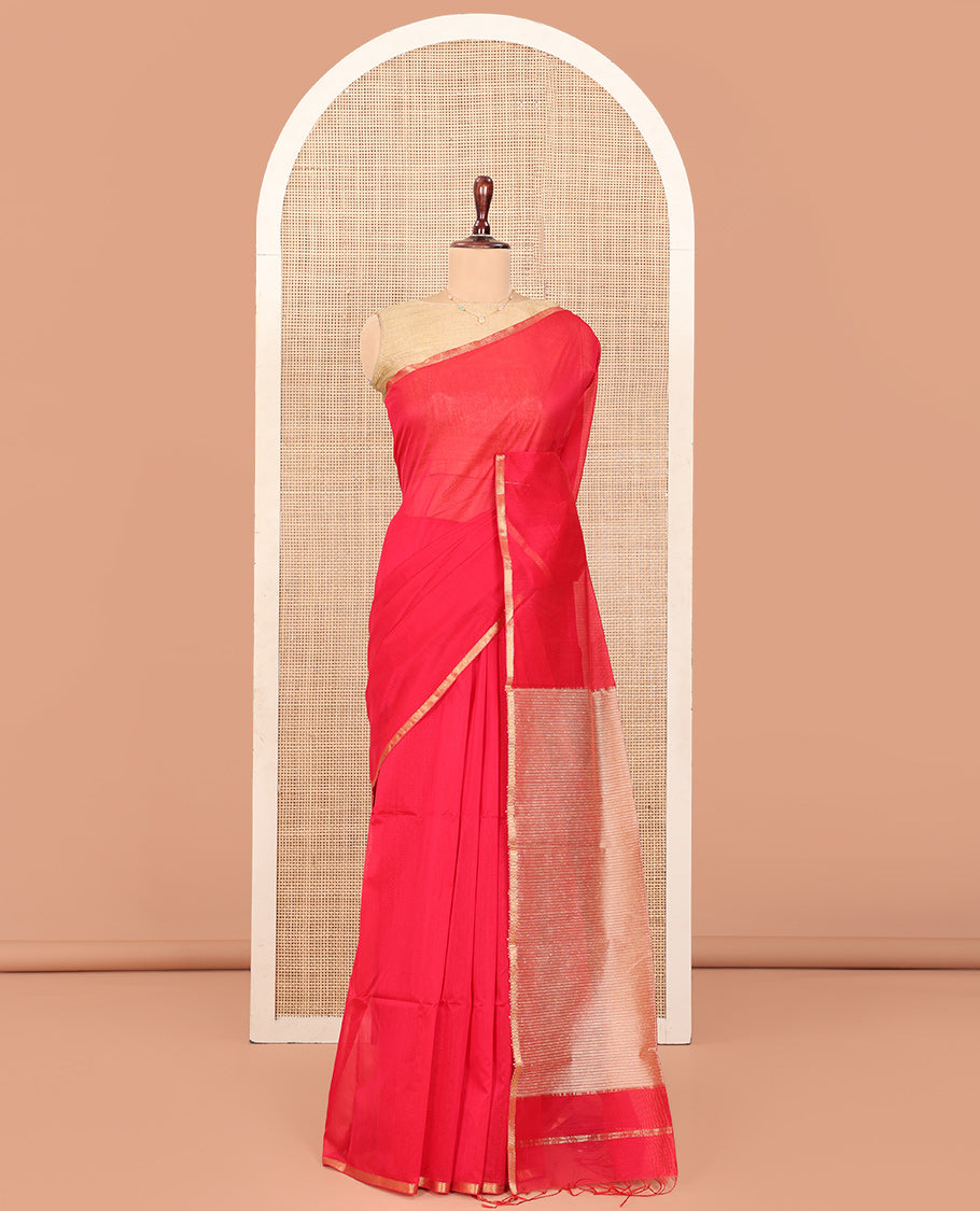 Red Plain Maheshwari Cotton Saree, Subtle Zari Piping Border, Pallu Steeped with Stripes, and Paired with a Contrast Blouse