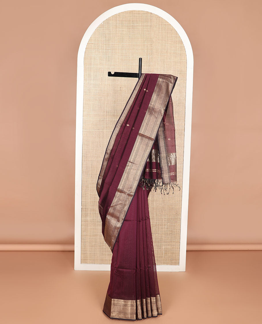 Maroon motifs maheshwari cotton saree with self zari design border & striped, geometric design pallu