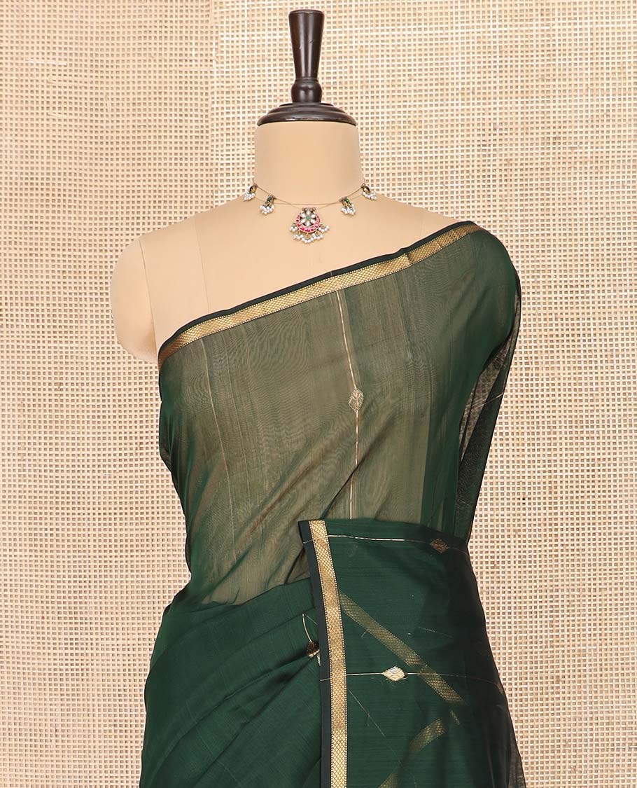 Green Maheshwari Cotton Saree Highlighted with Diamond Stripes, Subtly Sparkled with Zari Border, Pallu Scintillated with Gleaming Zari Stripes, and Paired with a Matching Blouse
