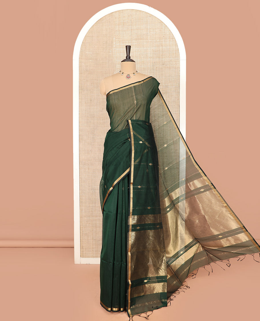 Green Maheshwari Cotton Saree Highlighted with Diamond Stripes, Subtly Sparkled with Zari Border, Pallu Scintillated with Gleaming Zari Stripes, and Paired with a Matching Blouse