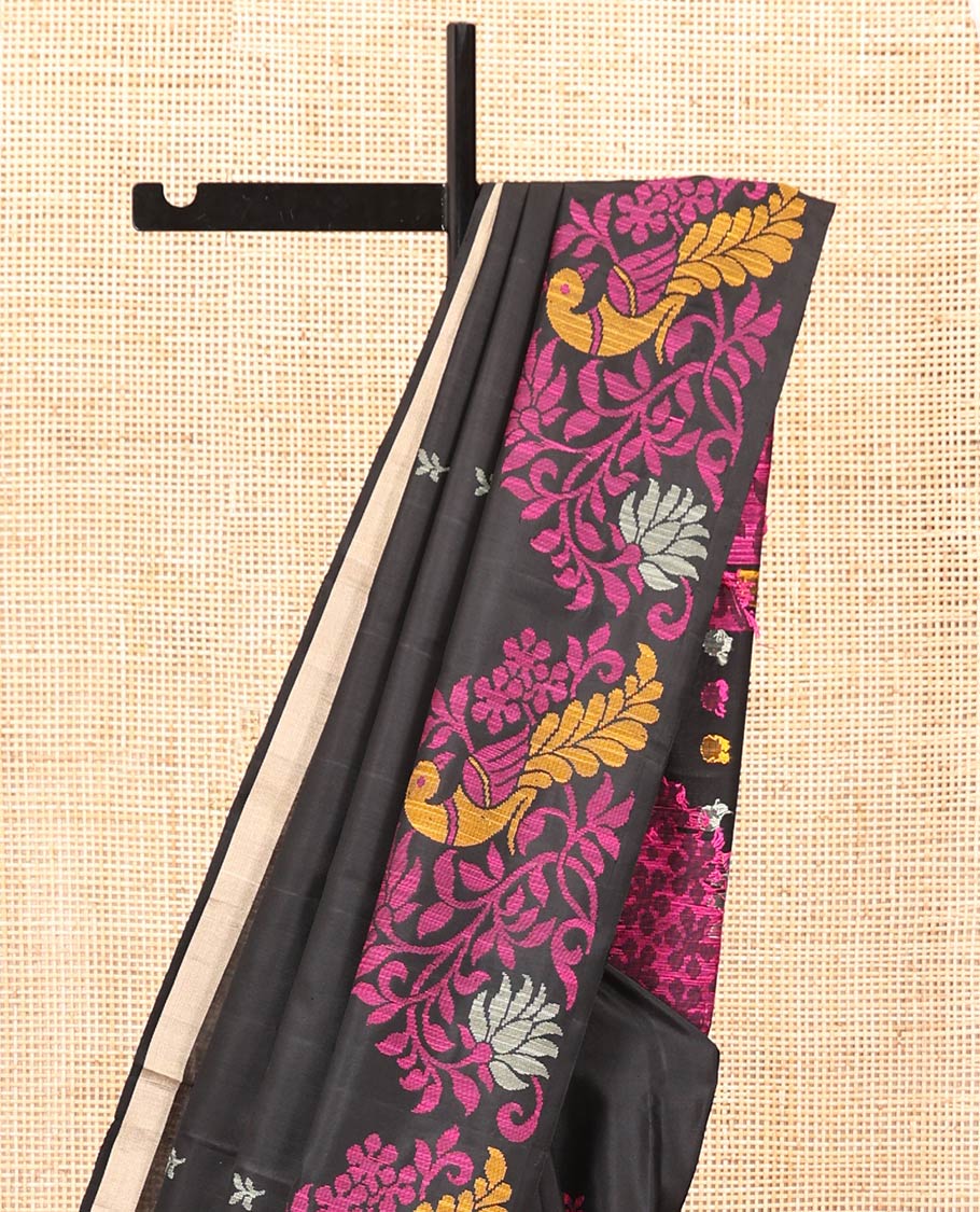 Borderless Black Mayuri Soft Silk Saree, Adorned with Thread Buttas and Mayil Designs All Over Its Body, Pallu Depicts Floral-Peacock Designs, and Paired with a Matching Blouse