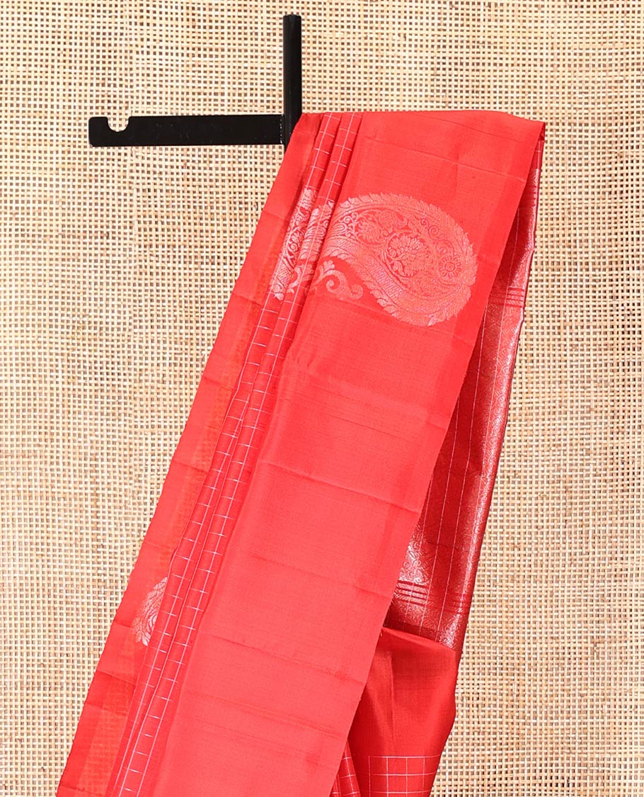 Red Mayuri Soft Silk Saree, Richly Detailed with Manga Buttas and Zari Checks On Its Body, Highlighted by Intricately Designed Pallu, and Paired with a Matching Blouse