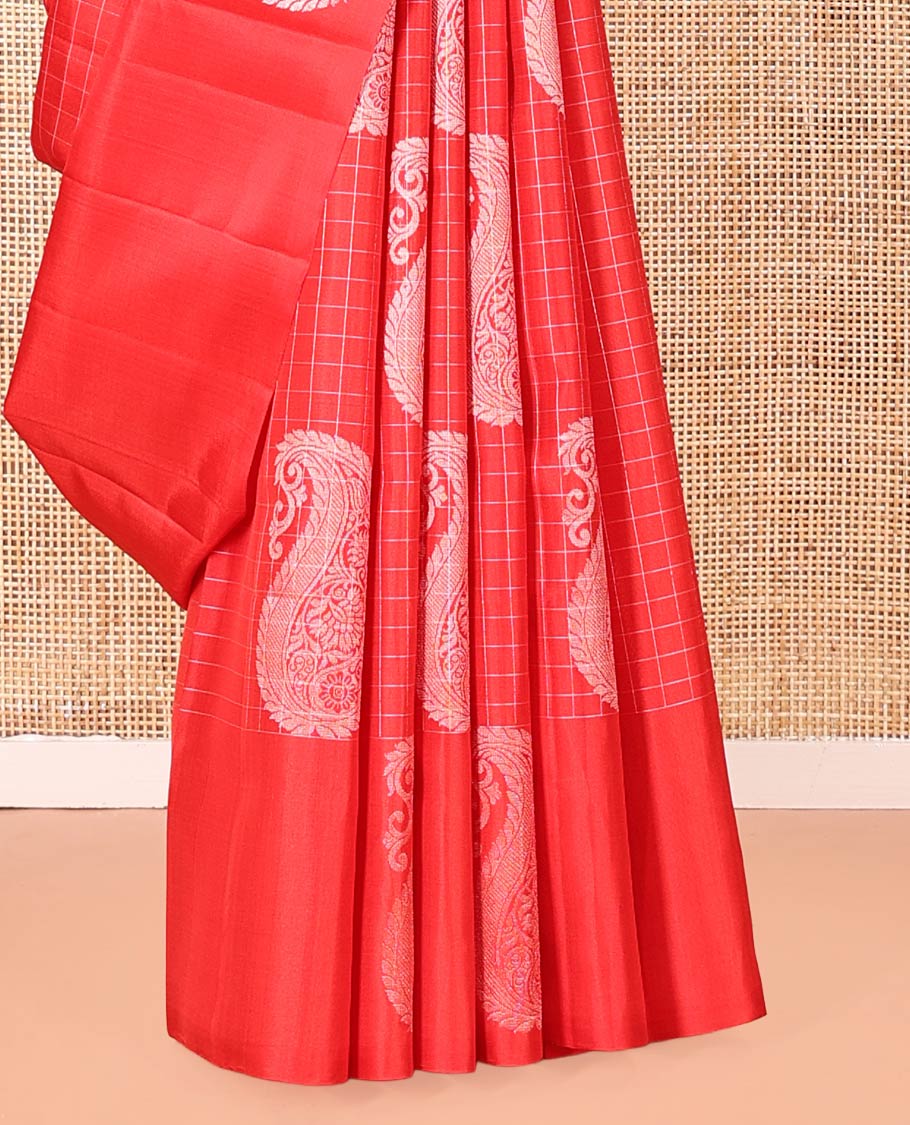 Red Mayuri Soft Silk Saree, Richly Detailed with Manga Buttas and Zari Checks On Its Body, Highlighted by Intricately Designed Pallu, and Paired with a Matching Blouse