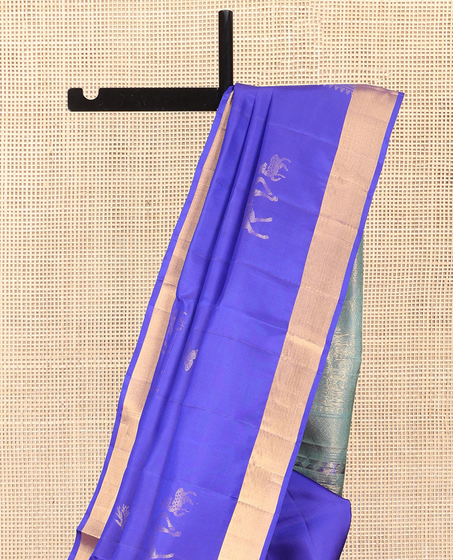 Blue Mayuri Lite Silk Mix Saree, Adorned with Maan Buttas, a Bavanji Border, Contrast Geometric Pallu, and a Contrast Blouse