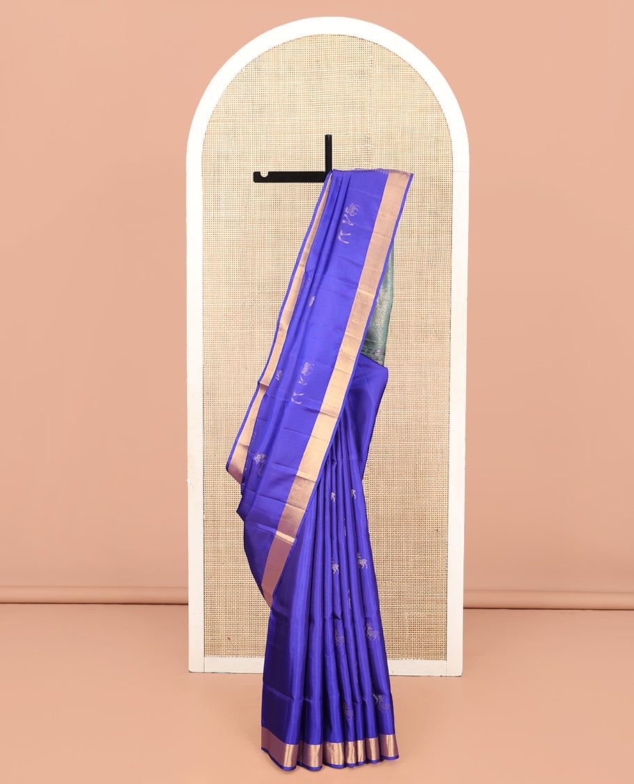 Blue Mayuri Lite Silk Mix Saree, Adorned with Maan Buttas, a Bavanji Border, Contrast Geometric Pallu, and a Contrast Blouse