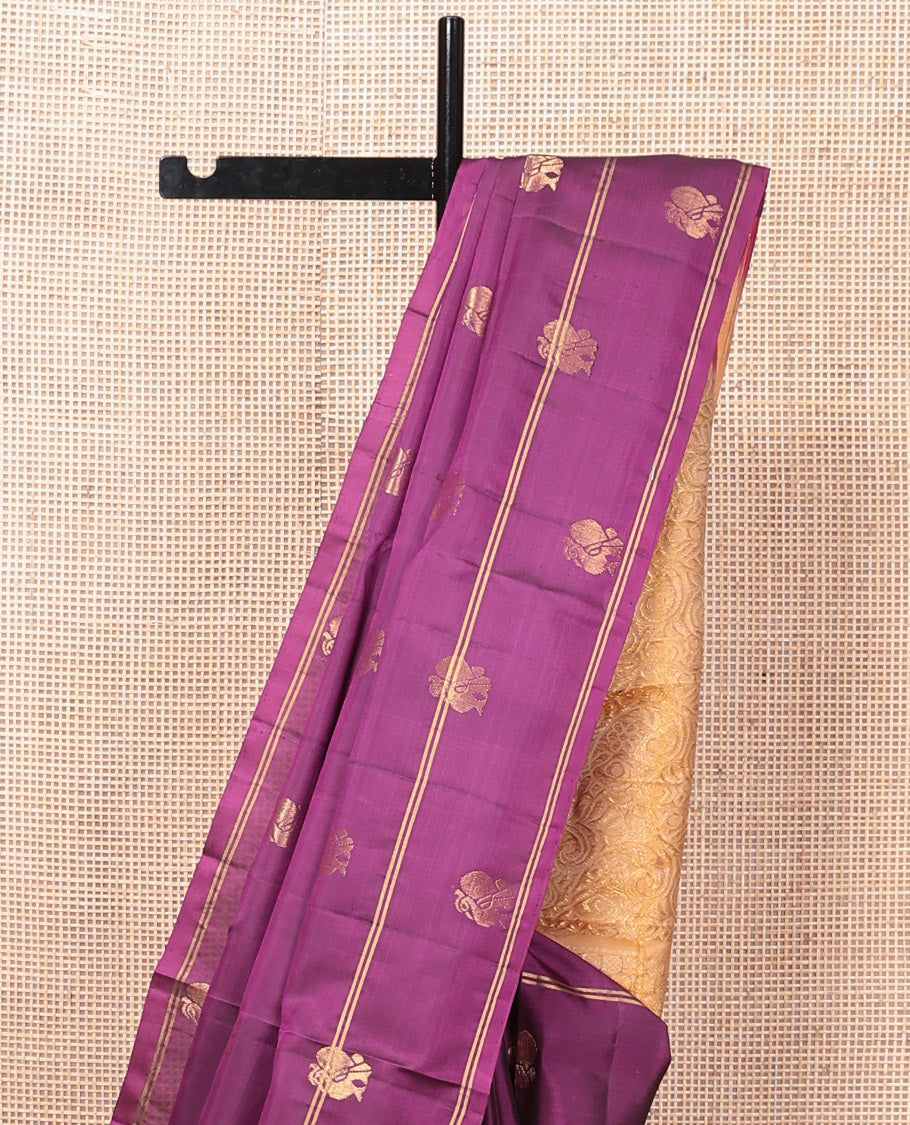 Purple Mayuri Lite Silk Mix Saree, Adorned with Mayil Buttas, a Self-Border of Mayil Designs, Contrast Floral Pallu, and a Contrast Blouse
