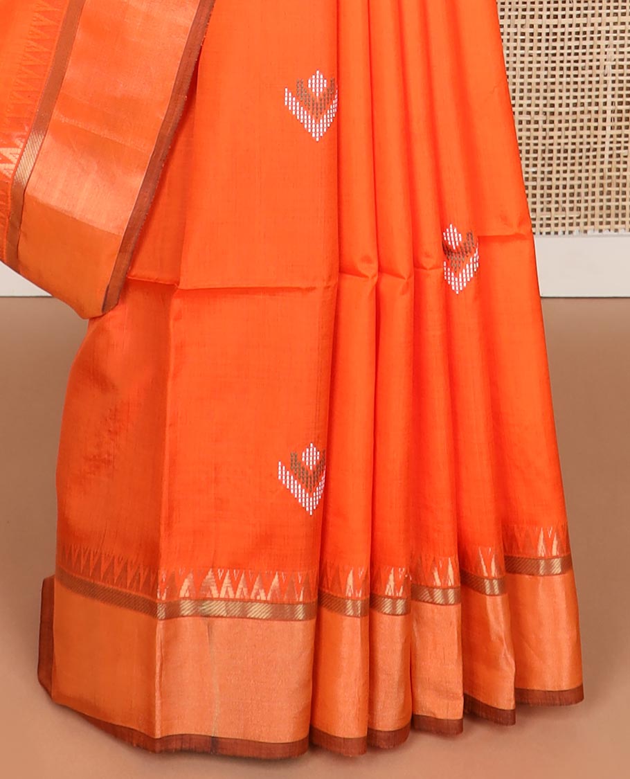 Orange butta mayuri soft silk saree with self temple border & parrot, floral design pallu