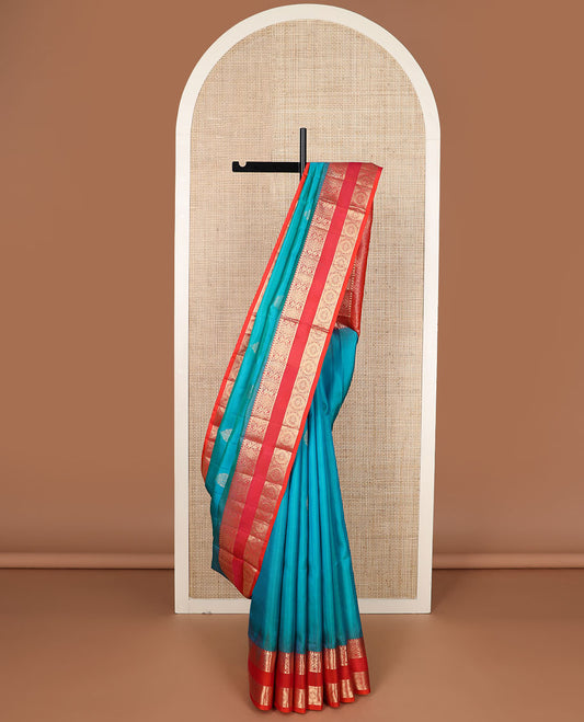 Blue zari buttas soft silk saree, contrast rettai pettu border of floral & chakram designs & jaal pallu