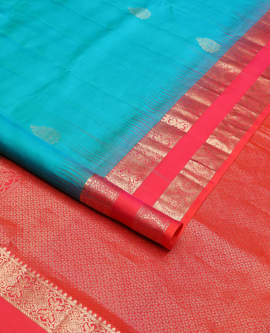 Blue zari buttas soft silk saree, contrast rettai pettu border of floral & chakram designs & jaal pallu