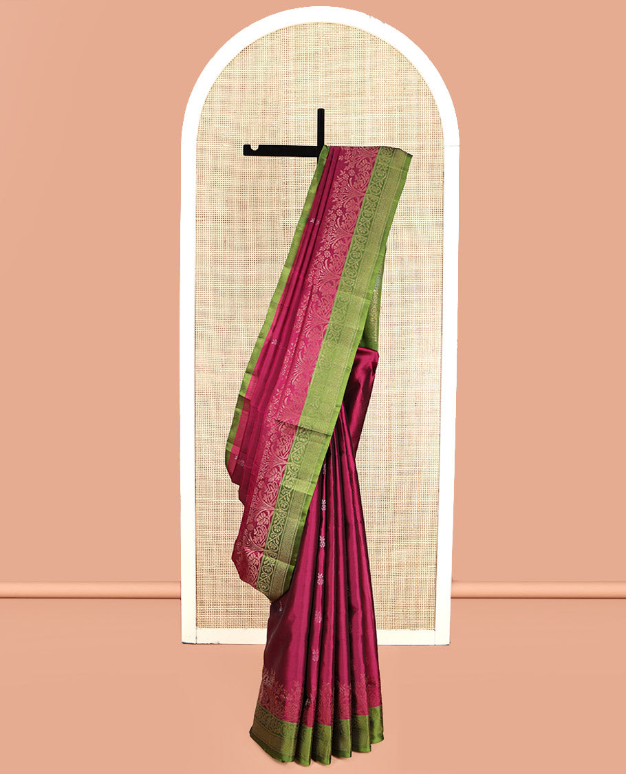 Wine Mayuri Lite Silk Mix Saree, Sparsely Woven with Buttas, Complemented by Contrast Border of Kodi Visiry, and Mayil Kann, Intricate Pallu, and a Contrast Blouse