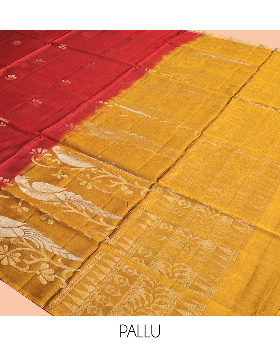 Red Mayuri Lite Silk Mix Saree, Adorned with Floral Buttas, Complemented by a Contrast Floral Border, Pallu of Bird Designs, and a Contrast Blouse